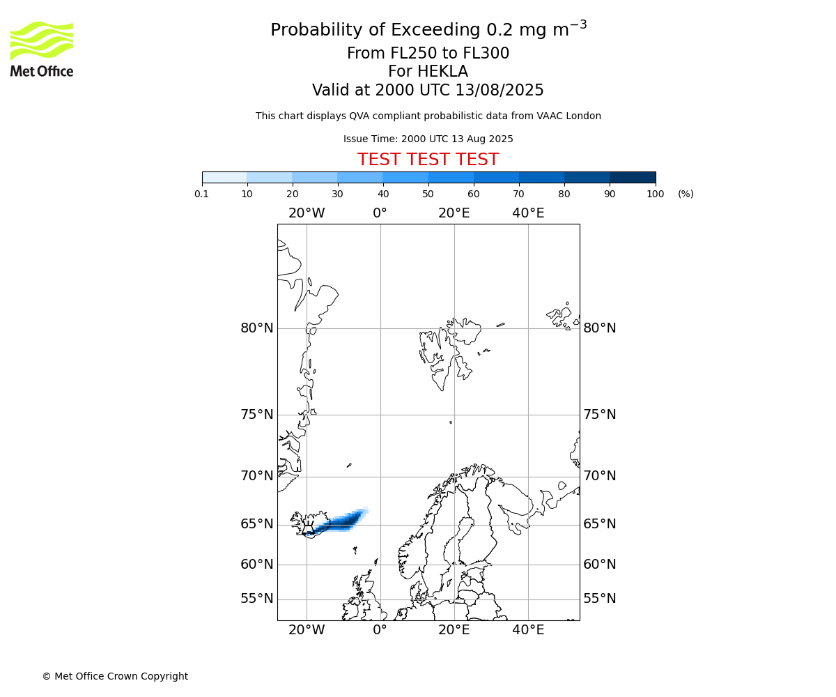 Probability of exceeding 0.2 milligrams per metre cubed. From 250 to 300 for HEKLA. Valid at 2000 UTC 13/08/2025