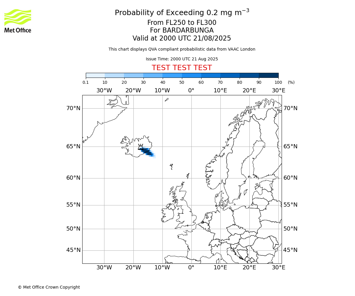 Probability of exceeding 0.2 milligrams per metre cubed. From 250 to 300 for BARDARBUNGA. Valid at 2000 UTC 21/08/2025