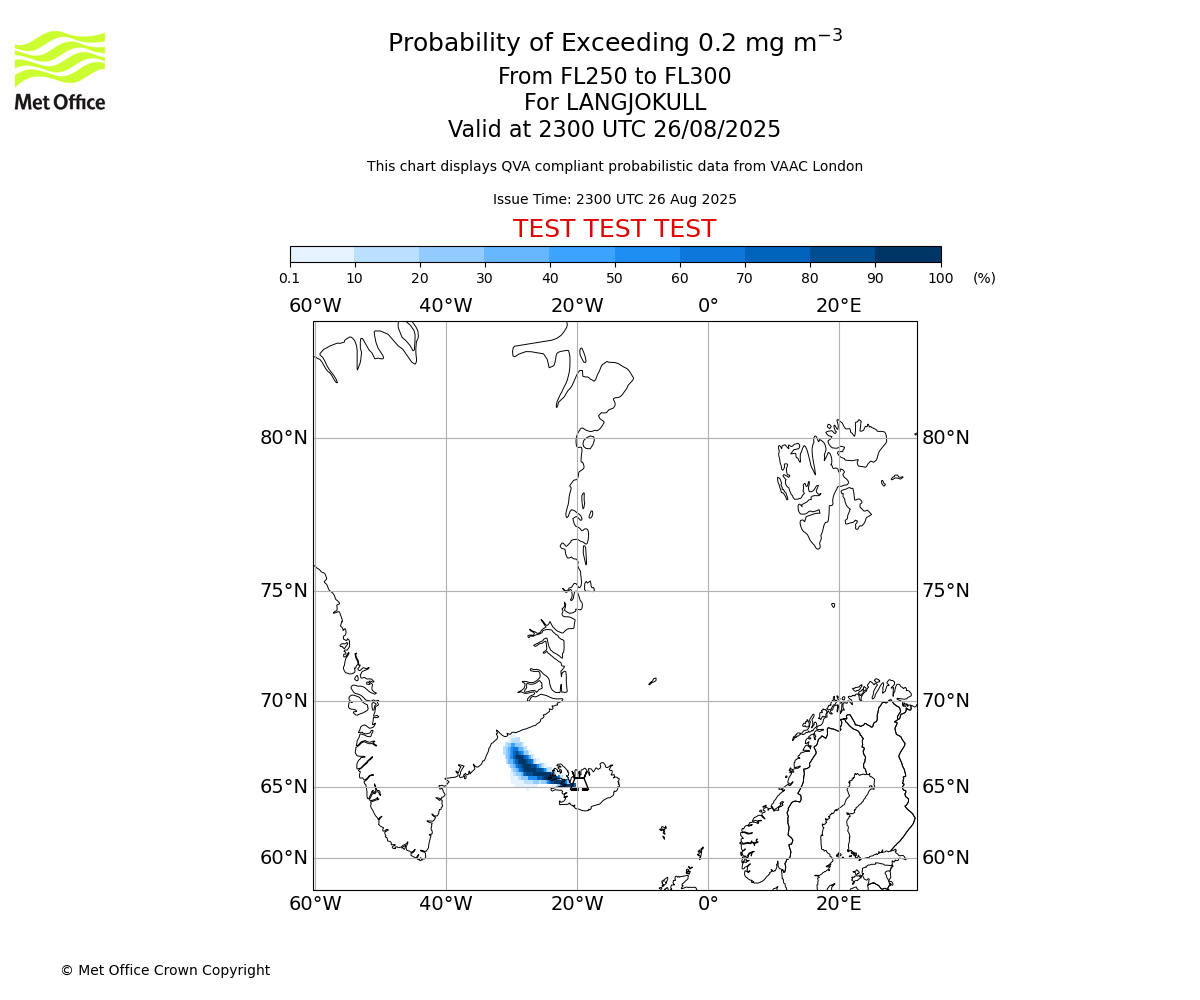 Probability of exceeding 0.2 milligrams per metre cubed. From 250 to 300 for LANGJOKULL. Valid at 2300 UTC 26/08/2025