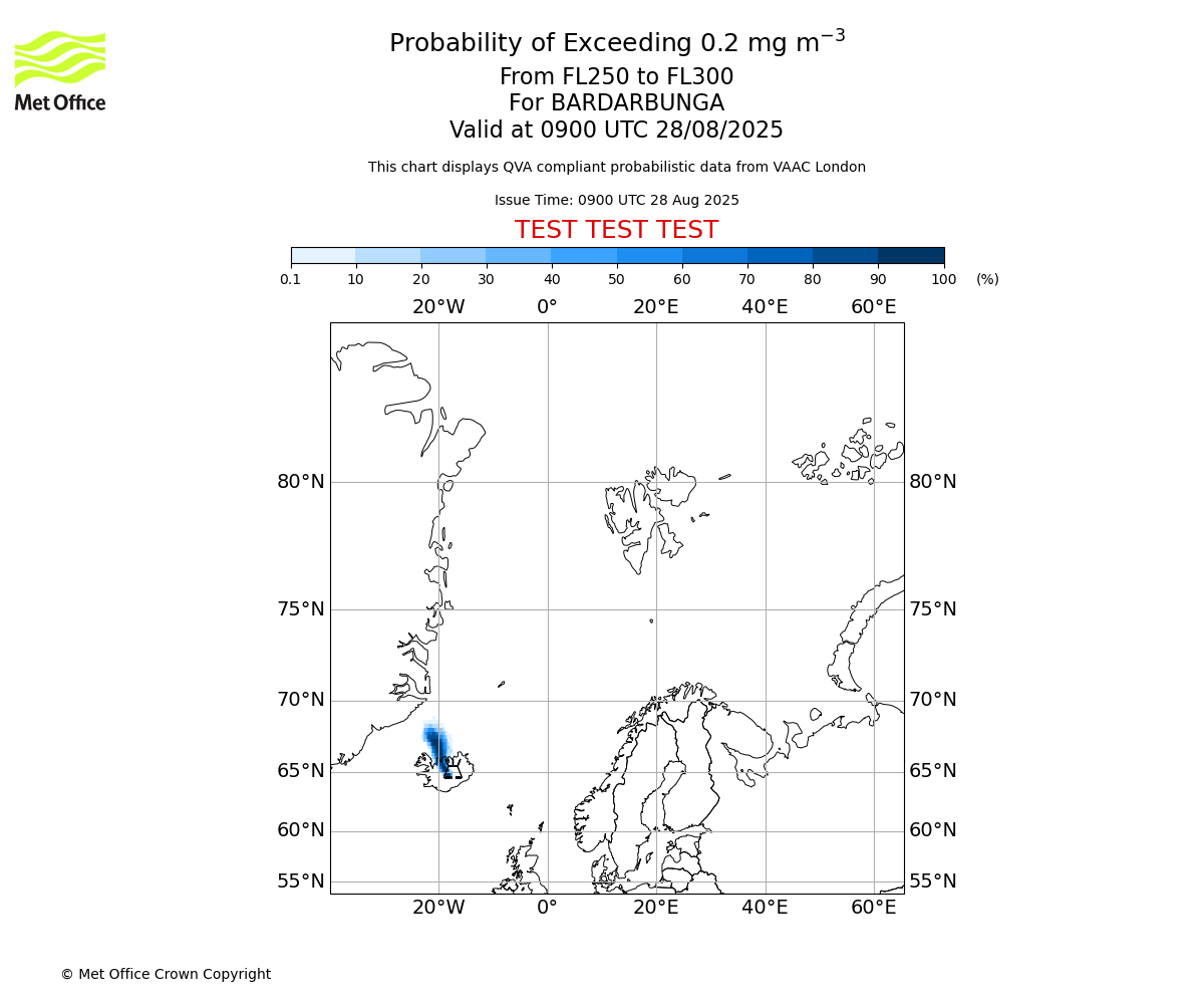 Probability of exceeding 0.2 milligrams per metre cubed. From 250 to 300 for BARDARBUNGA. Valid at 0900 UTC 28/08/2025