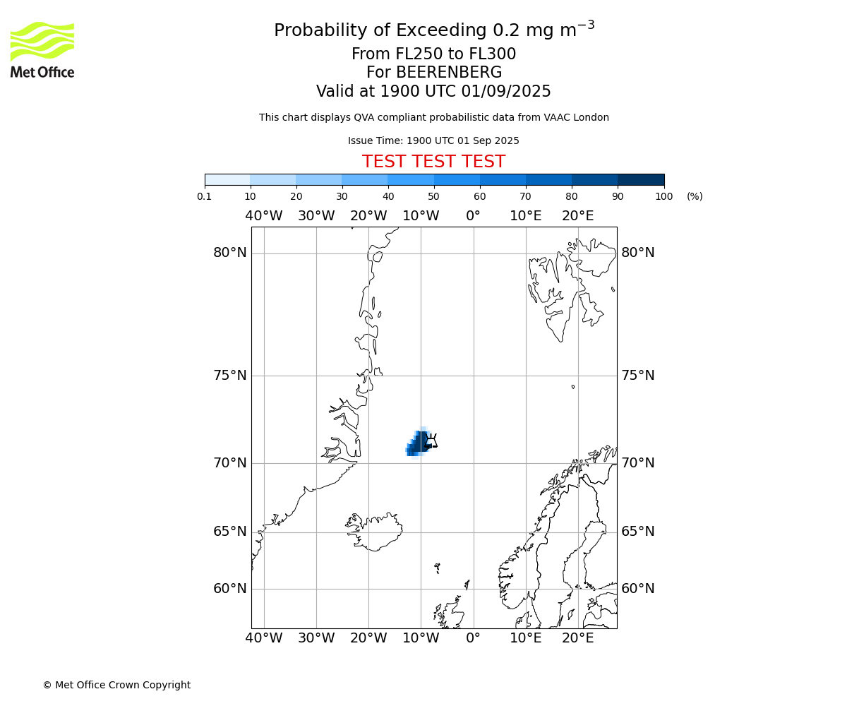 Probability of exceeding 0.2 milligrams per metre cubed. From 250 to 300 for BEERENBERG. Valid at 1900 UTC 01/09/2025