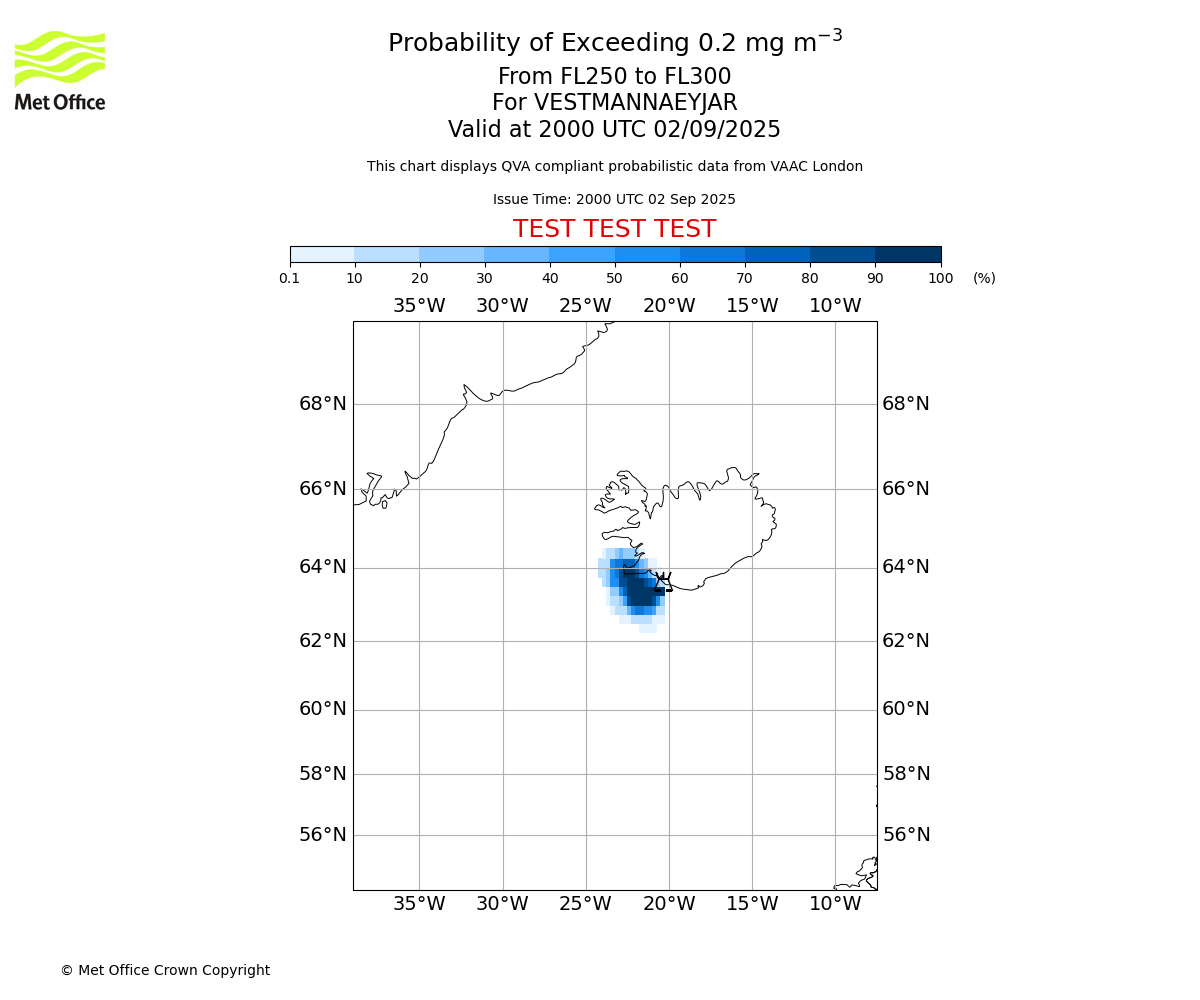 Probability of exceeding 0.2 milligrams per metre cubed. From 250 to 300 for VESTMANNAEYJAR. Valid at 2000 UTC 02/09/2025