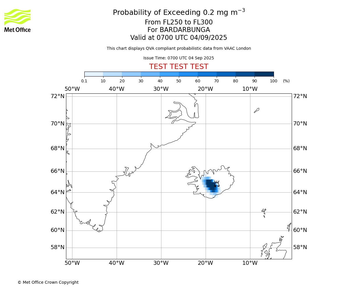 Probability of exceeding 0.2 milligrams per metre cubed. From 250 to 300 for BARDARBUNGA. Valid at 0700 UTC 04/09/2025