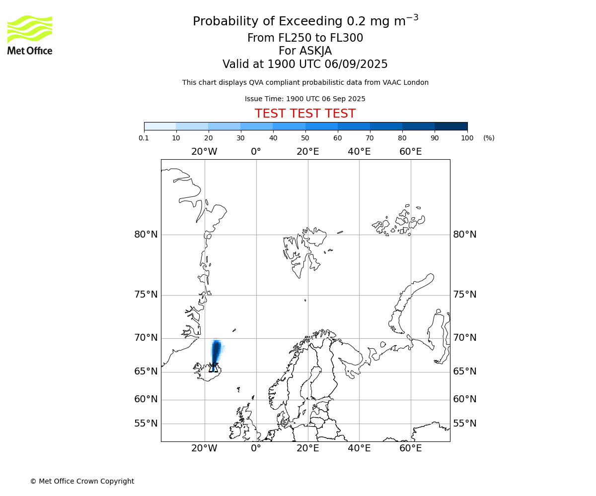 Probability of exceeding 0.2 milligrams per metre cubed. From 250 to 300 for ASKJA. Valid at 1900 UTC 06/09/2025