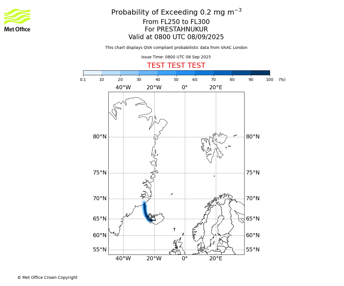 Probability of exceeding 0.2 milligrams per metre cubed. From 250 to 300 for PRESTAHNUKUR. Valid at 0800 UTC 08/09/2025