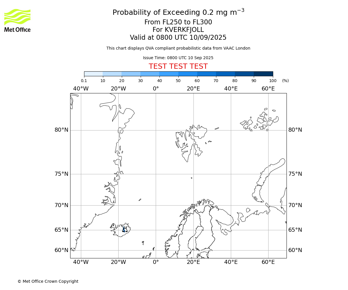 Probability of exceeding 0.2 milligrams per metre cubed. From 250 to 300 for KVERKFJOLL. Valid at 0800 UTC 10/09/2025