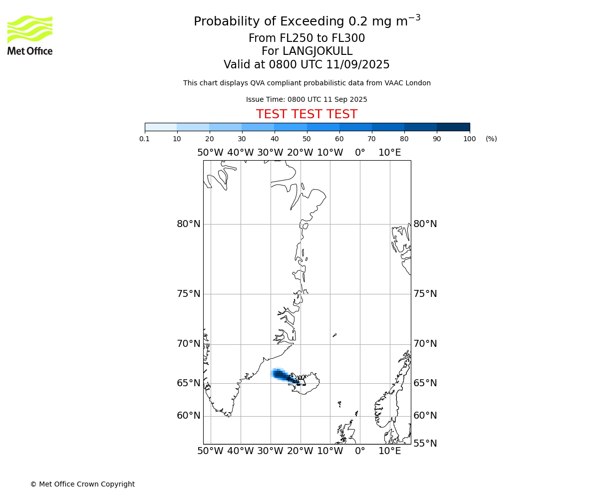 Probability of exceeding 0.2 milligrams per metre cubed. From 250 to 300 for LANGJOKULL. Valid at 0800 UTC 11/09/2025