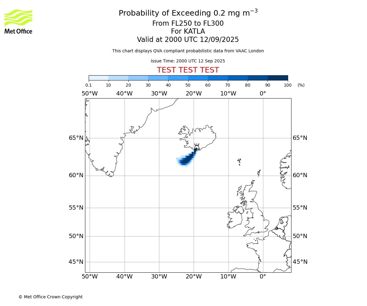 Probability of exceeding 0.2 milligrams per metre cubed. From 250 to 300 for KATLA. Valid at 2000 UTC 12/09/2025