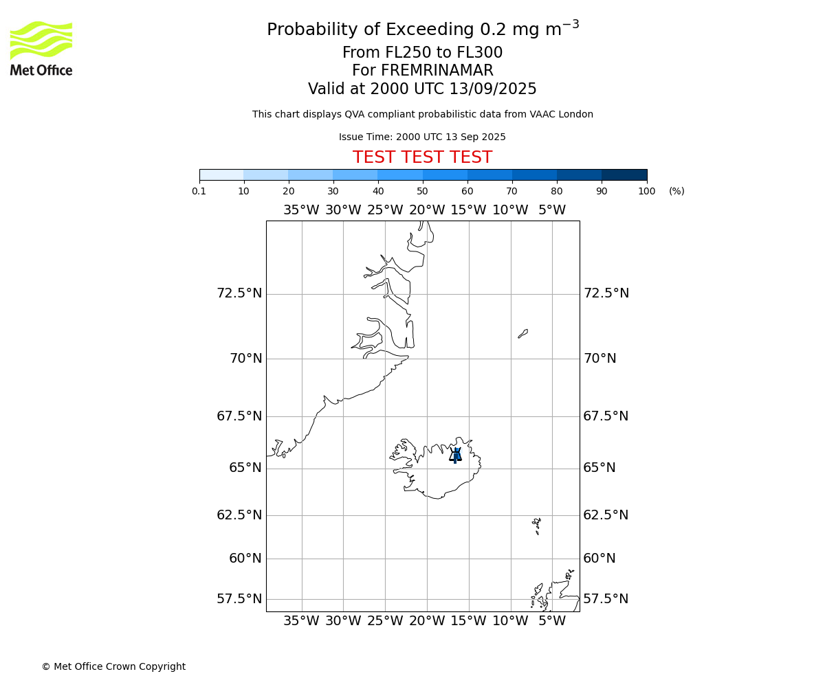 Probability of exceeding 0.2 milligrams per metre cubed. From 250 to 300 for FREMRINAMAR. Valid at 2000 UTC 13/09/2025
