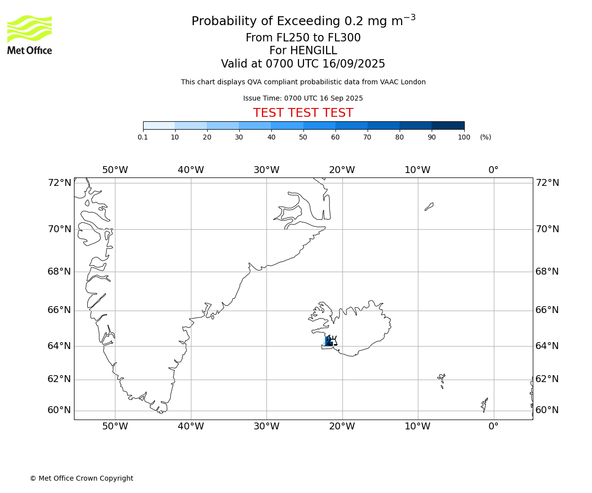 Probability of exceeding 0.2 milligrams per metre cubed. From 250 to 300 for HENGILL. Valid at 0700 UTC 16/09/2025