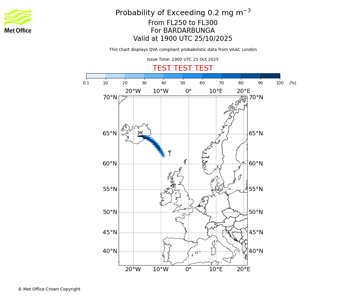Probability of exceeding 0.2 milligrams per metre cubed. From 250 to 300 for BARDARBUNGA. Valid at 1900 UTC 25/10/2025