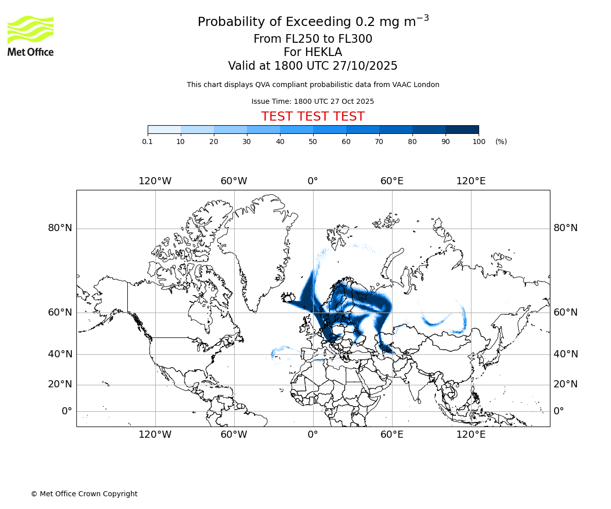 Probability of exceeding 0.2 milligrams per metre cubed. From 250 to 300 for HEKLA. Valid at 1800 UTC 27/10/2025