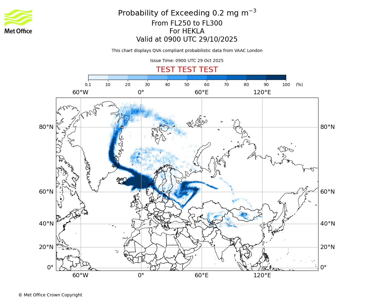 Probability of exceeding 0.2 milligrams per metre cubed. From 250 to 300 for HEKLA. Valid at 0900 UTC 29/10/2025