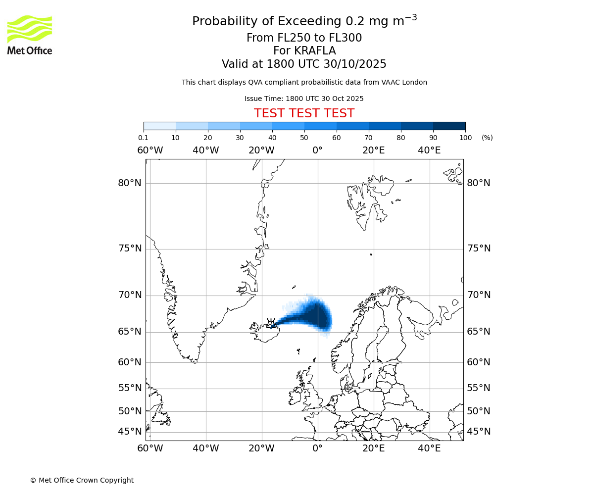 Probability of exceeding 0.2 milligrams per metre cubed. From 250 to 300 for KRAFLA. Valid at 1800 UTC 30/10/2025