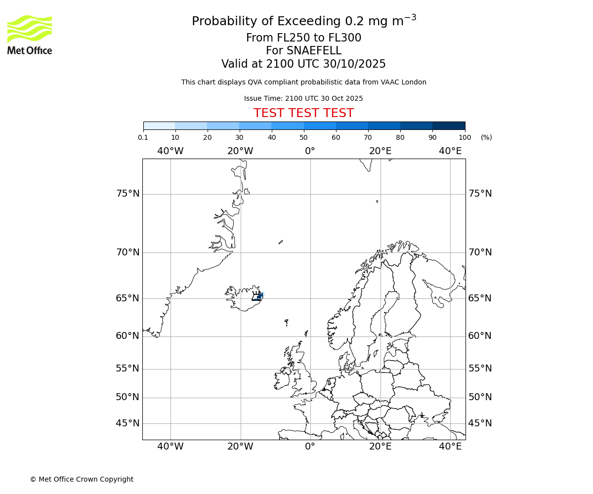 Probability of exceeding 0.2 milligrams per metre cubed. From 250 to 300 for SNAEFELL. Valid at 2100 UTC 30/10/2025