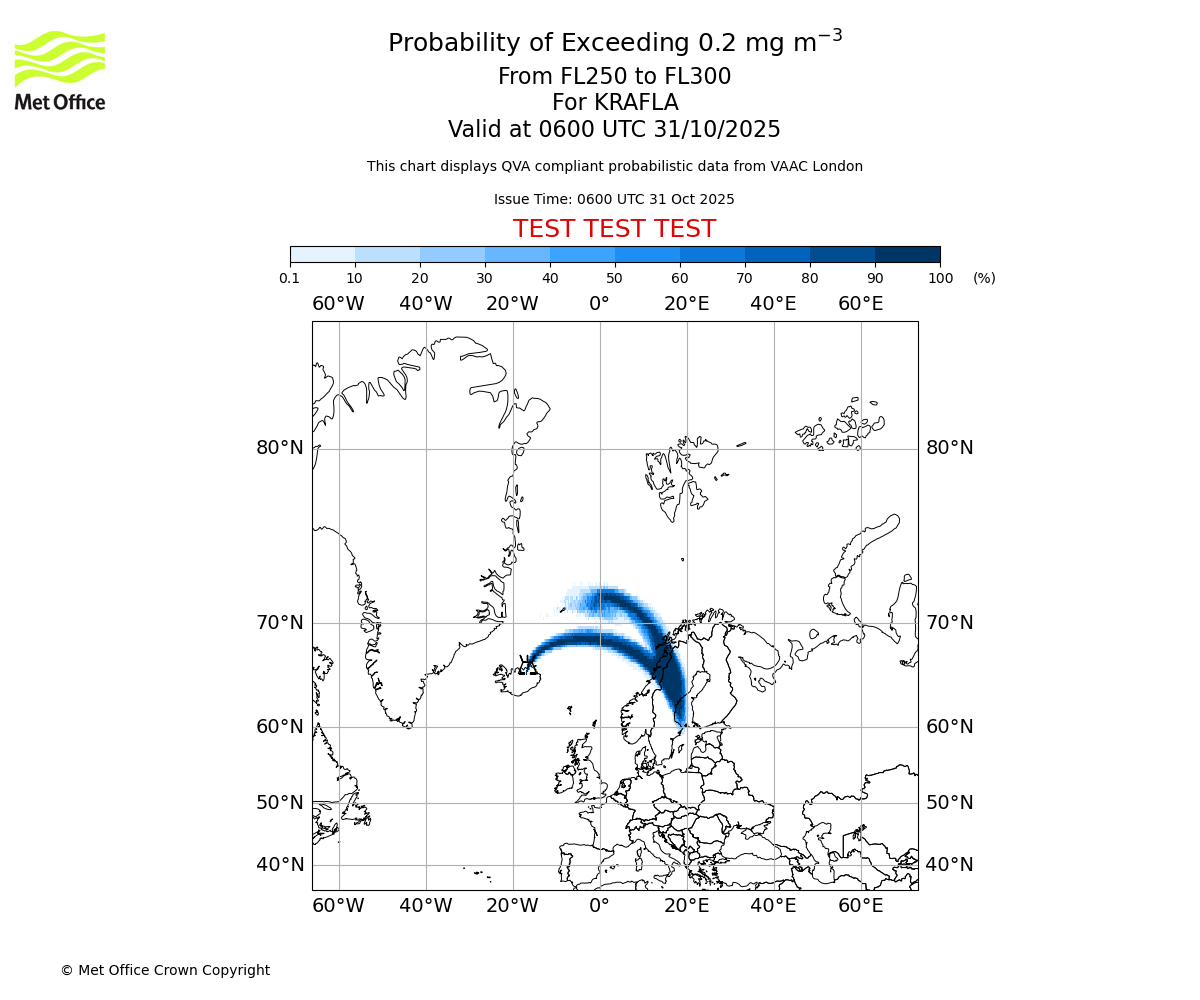 Probability of exceeding 0.2 milligrams per metre cubed. From 250 to 300 for KRAFLA. Valid at 0600 UTC 31/10/2025