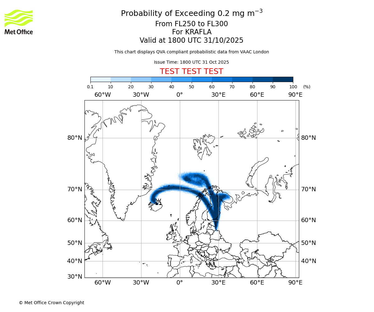 Probability of exceeding 0.2 milligrams per metre cubed. From 250 to 300 for KRAFLA. Valid at 1800 UTC 31/10/2025