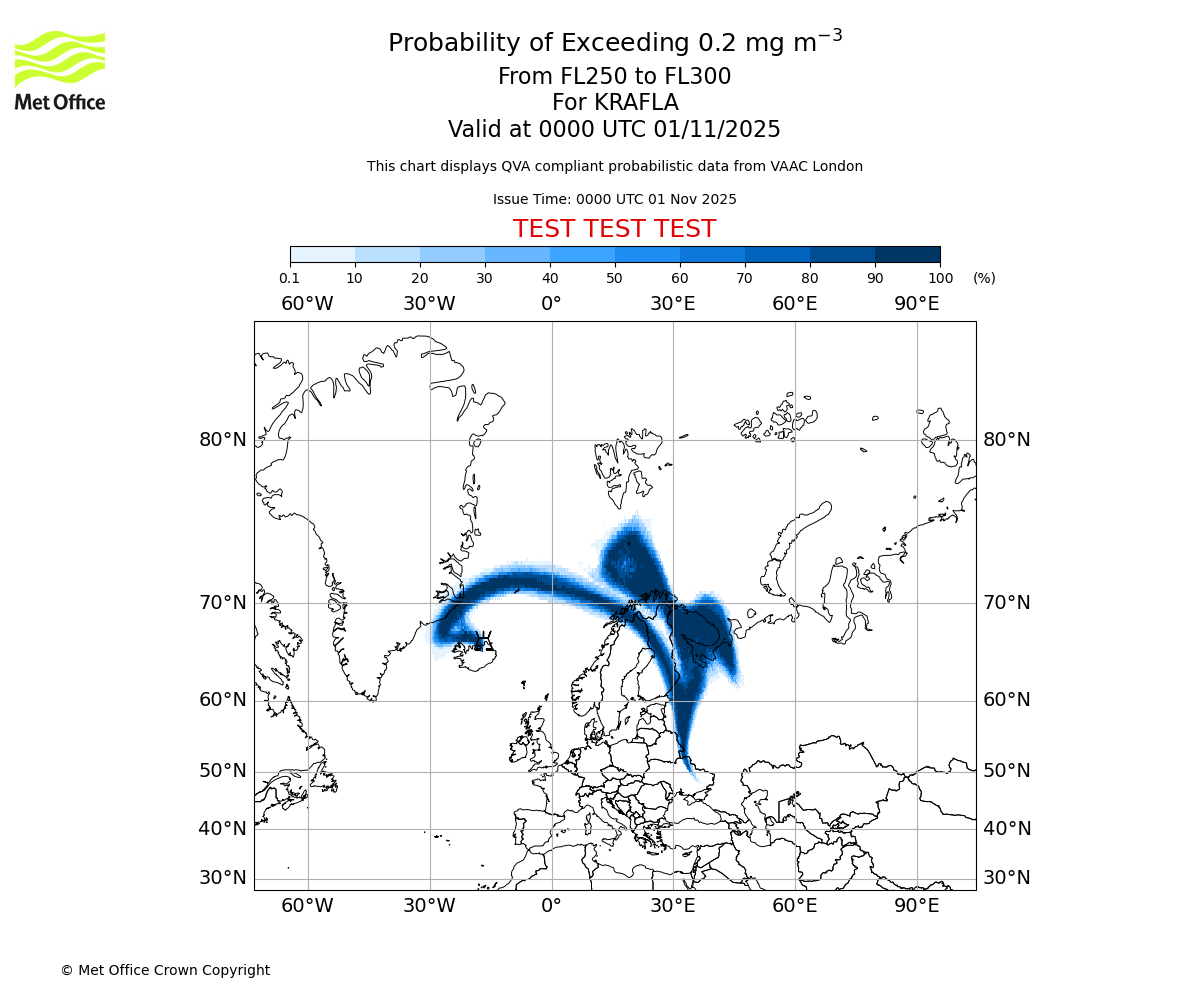 Probability of exceeding 0.2 milligrams per metre cubed. From 250 to 300 for KRAFLA. Valid at 0000 UTC 01/11/2025