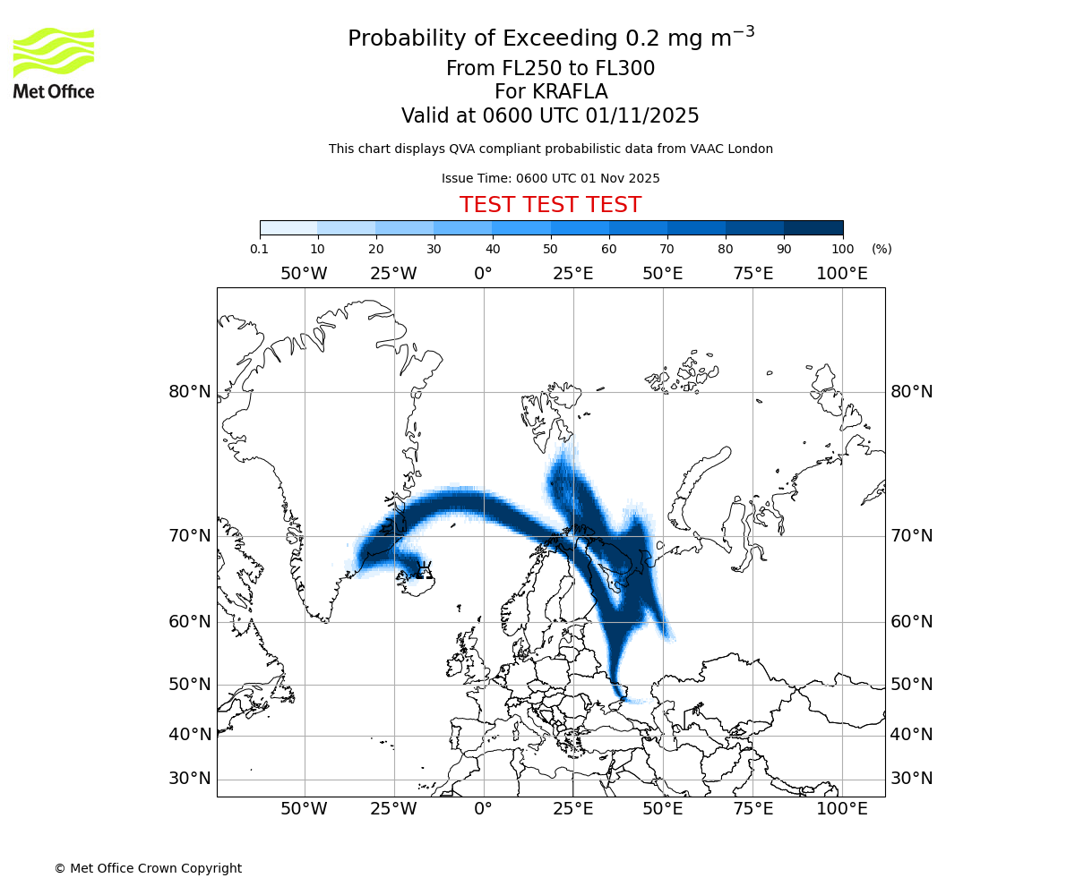 Probability of exceeding 0.2 milligrams per metre cubed. From 250 to 300 for KRAFLA. Valid at 0600 UTC 01/11/2025