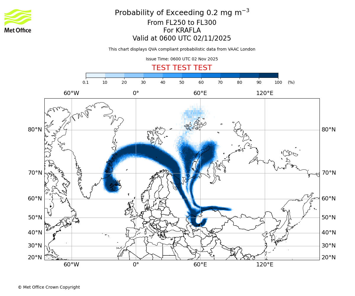 Probability of exceeding 0.2 milligrams per metre cubed. From 250 to 300 for KRAFLA. Valid at 0600 UTC 02/11/2025