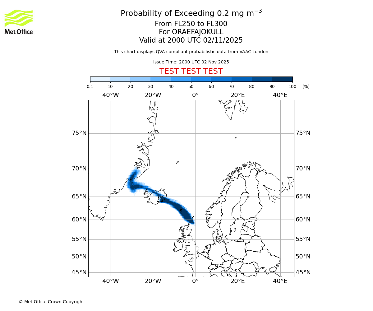 Probability of exceeding 0.2 milligrams per metre cubed. From 250 to 300 for ORAEFAJOKULL. Valid at 2000 UTC 02/11/2025