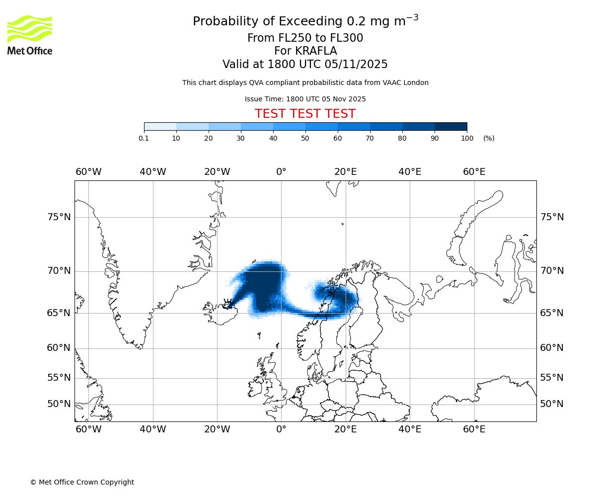 Probability of exceeding 0.2 milligrams per metre cubed. From 250 to 300 for KRAFLA. Valid at 1800 UTC 05/11/2025