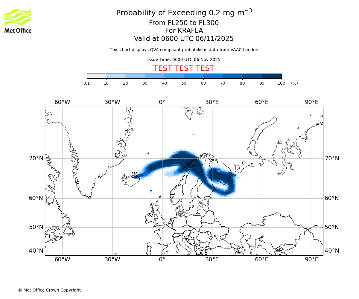 Probability of exceeding 0.2 milligrams per metre cubed. From 250 to 300 for KRAFLA. Valid at 0600 UTC 06/11/2025