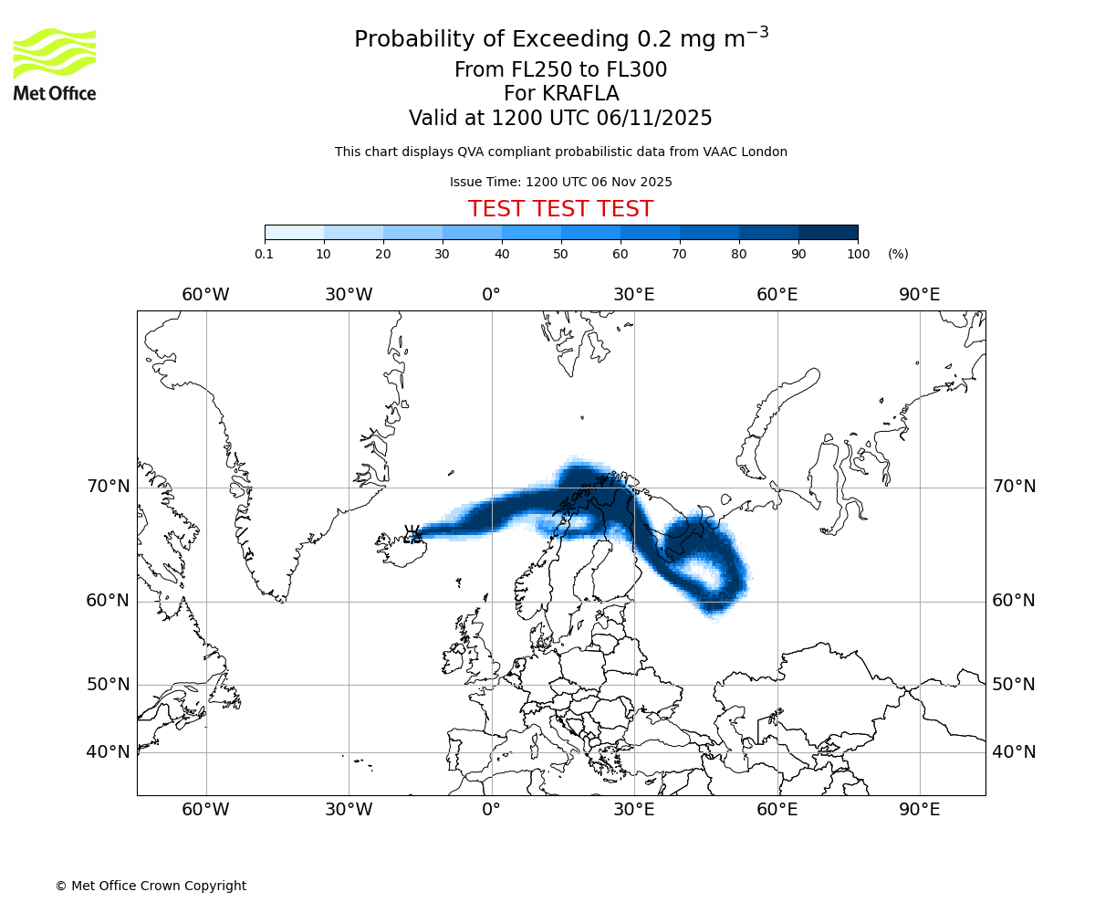 Probability of exceeding 0.2 milligrams per metre cubed. From 250 to 300 for KRAFLA. Valid at 1200 UTC 06/11/2025
