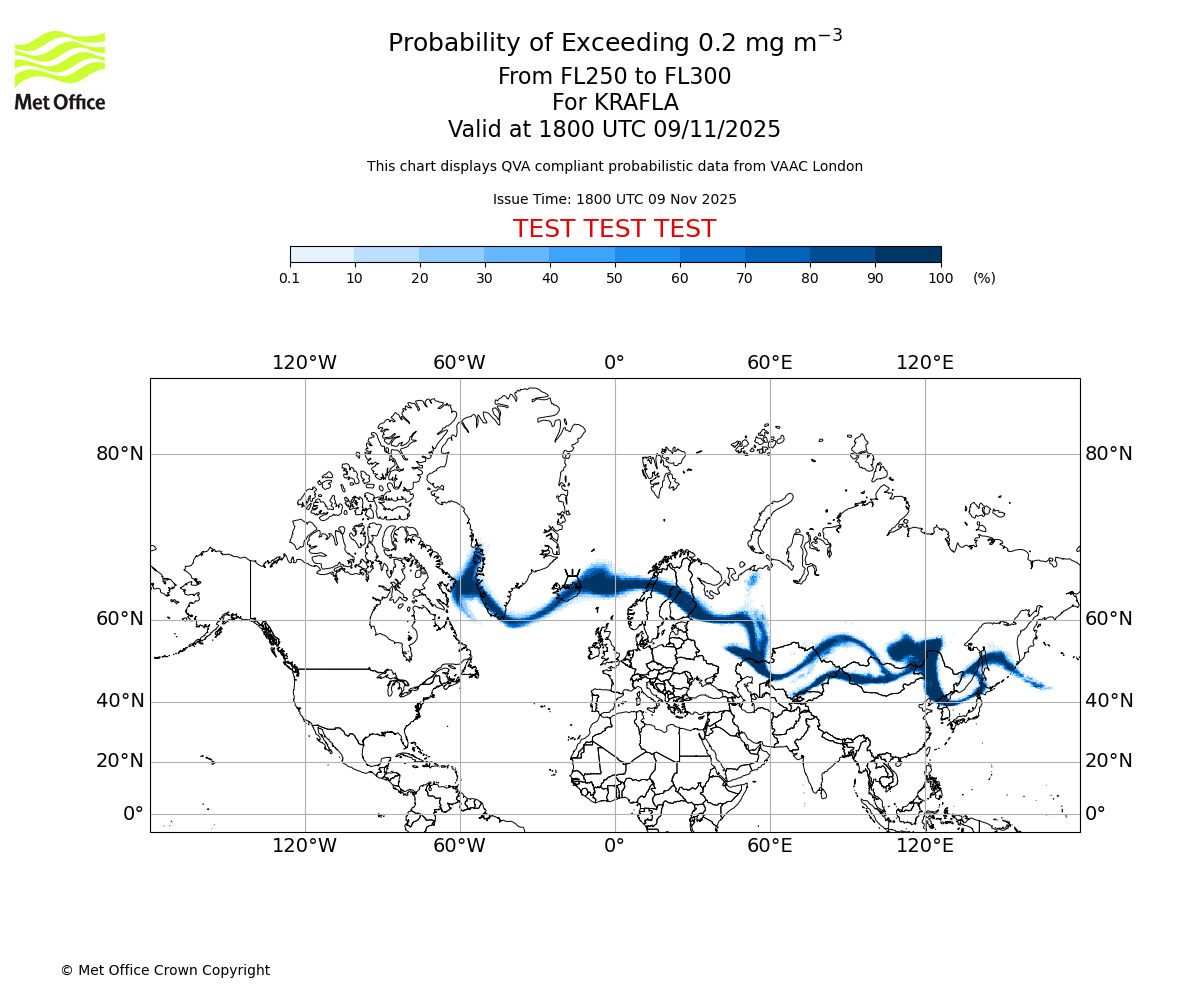 Probability of exceeding 0.2 milligrams per metre cubed. From 250 to 300 for KRAFLA. Valid at 1800 UTC 09/11/2025