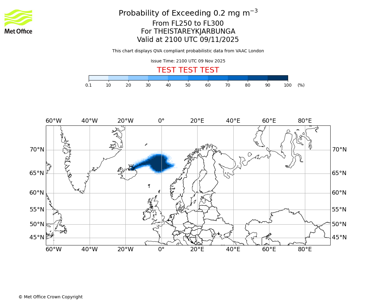 Probability of exceeding 0.2 milligrams per metre cubed. From 250 to 300 for THEISTAREYKJARBUNGA. Valid at 2100 UTC 09/11/2025