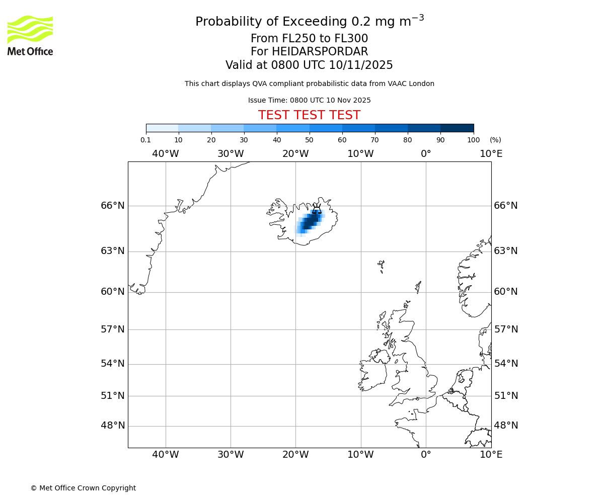 Probability of exceeding 0.2 milligrams per metre cubed. From 250 to 300 for HEIDARSPORDAR. Valid at 0800 UTC 10/11/2025