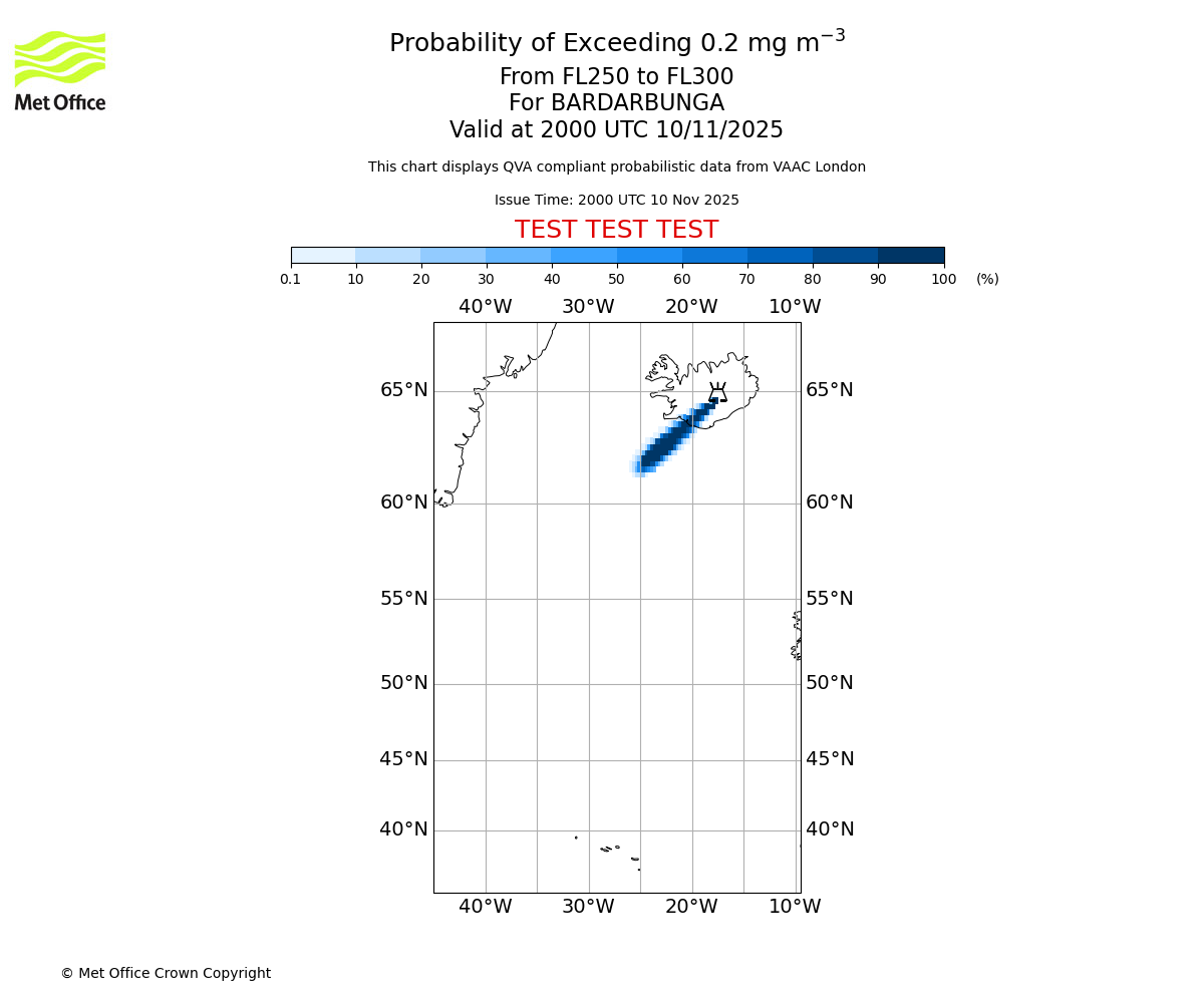 Probability of exceeding 0.2 milligrams per metre cubed. From 250 to 300 for BARDARBUNGA. Valid at 2000 UTC 10/11/2025