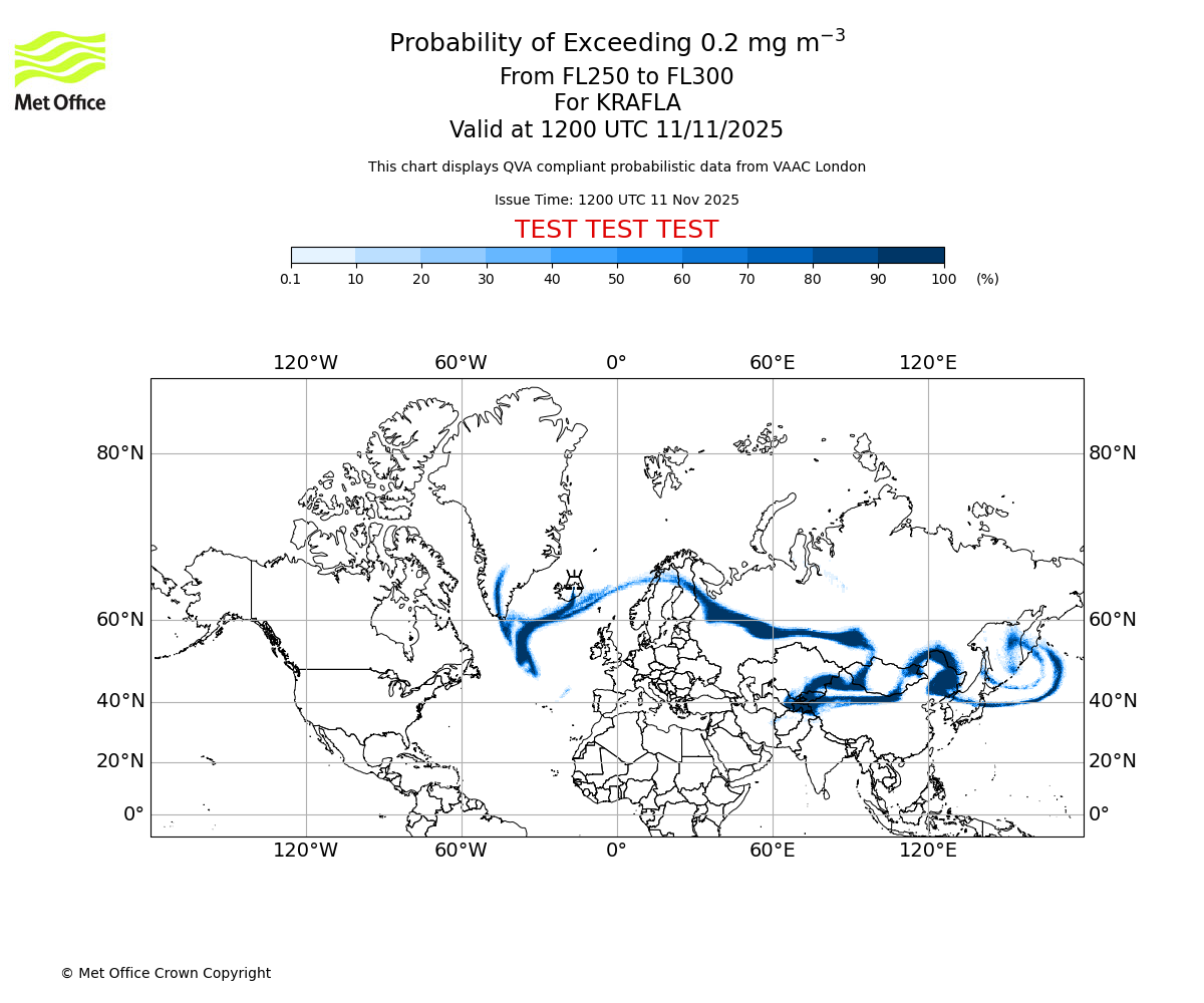 Probability of exceeding 0.2 milligrams per metre cubed. From 250 to 300 for KRAFLA. Valid at 1200 UTC 11/11/2025