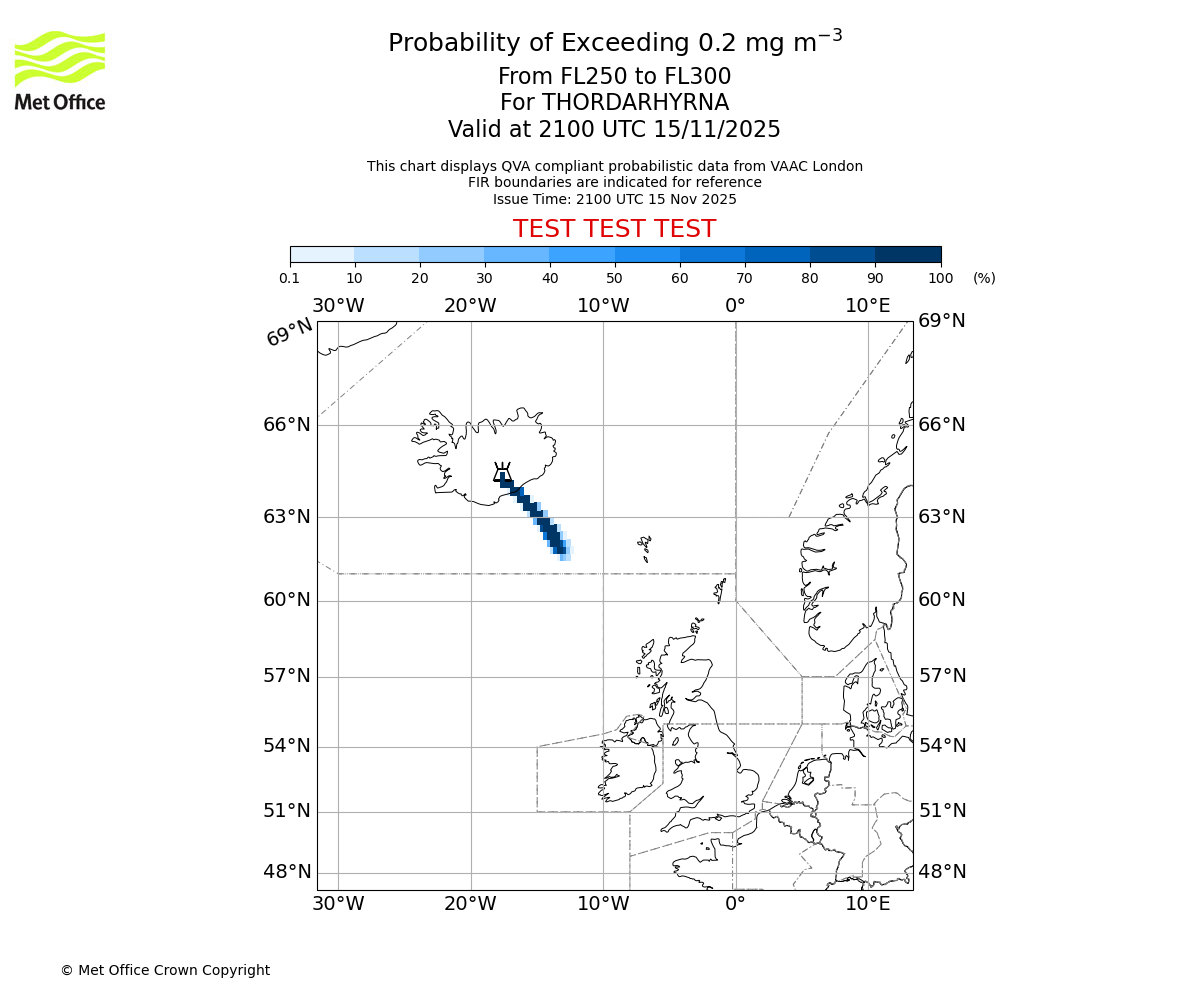Probability of exceeding 0.2 milligrams per metre cubed. From 250 to 300 for THORDARHYRNA. Valid at 2100 UTC 15/11/2025