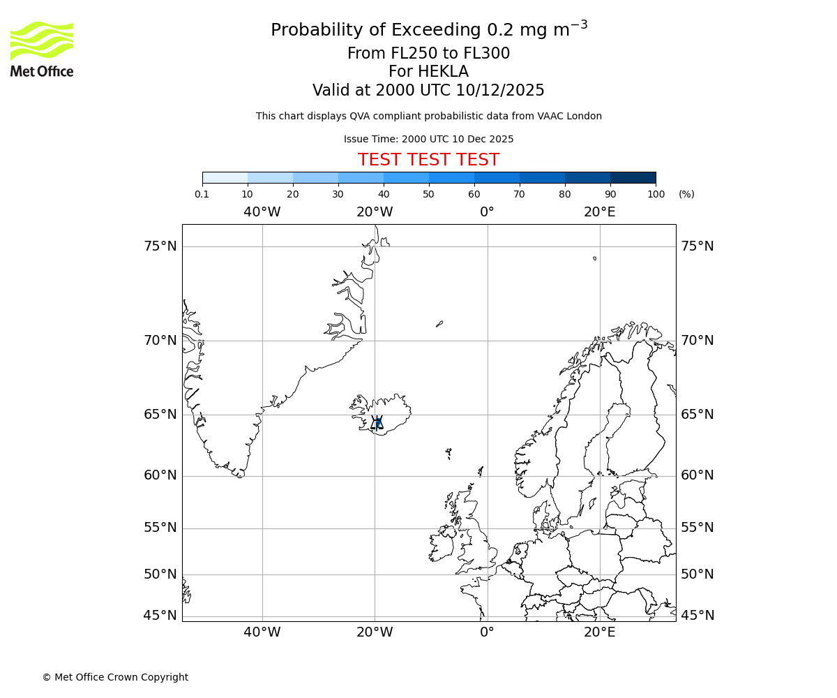 Probability of exceeding 0.2 milligrams per metre cubed. From 250 to 300 for HEKLA. Valid at 2000 UTC 10/12/2025