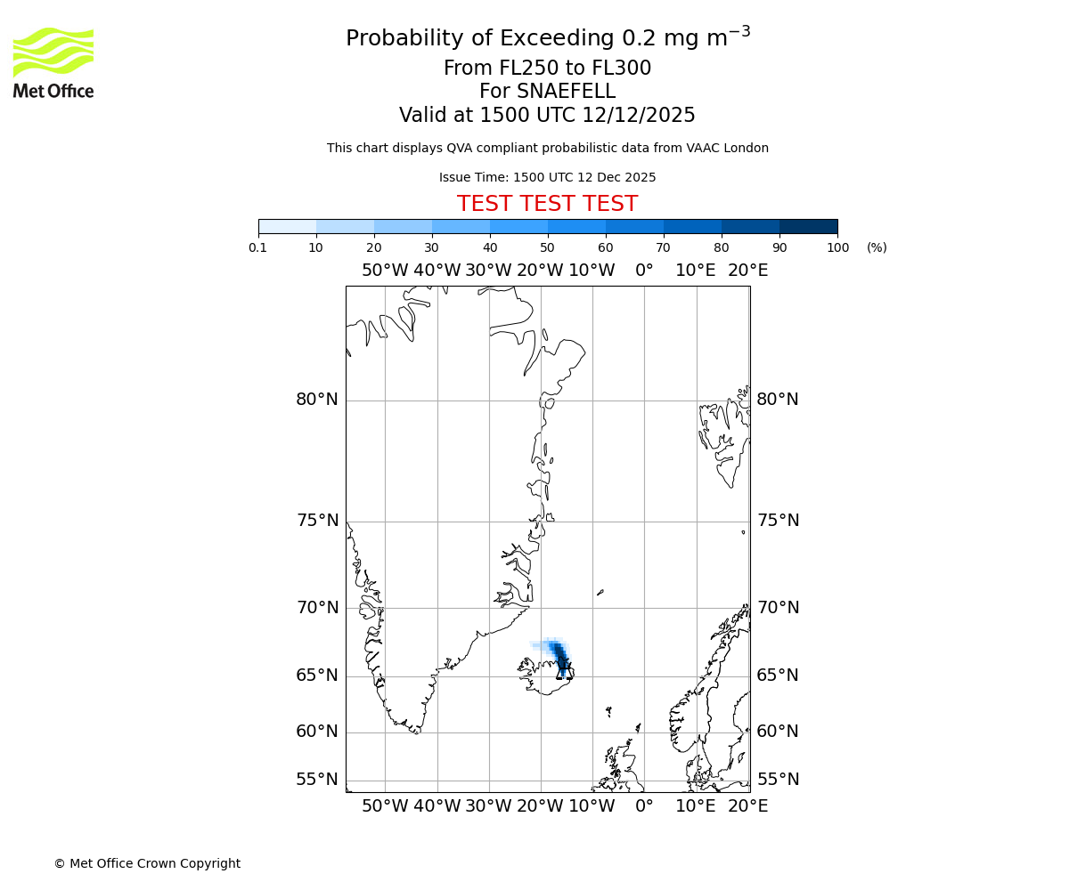 Probability of exceeding 0.2 milligrams per metre cubed. From 250 to 300 for SNAEFELL. Valid at 1500 UTC 12/12/2025