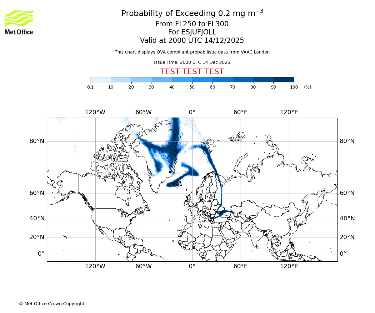 Probability of exceeding 0.2 milligrams per metre cubed. From 250 to 300 for ESJUFJOLL. Valid at 2000 UTC 14/12/2025