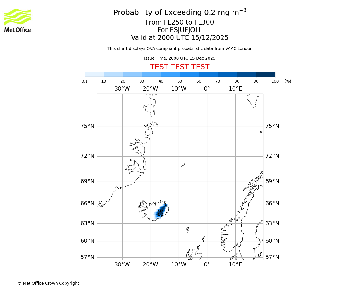Probability of exceeding 0.2 milligrams per metre cubed. From 250 to 300 for ESJUFJOLL. Valid at 2000 UTC 15/12/2025