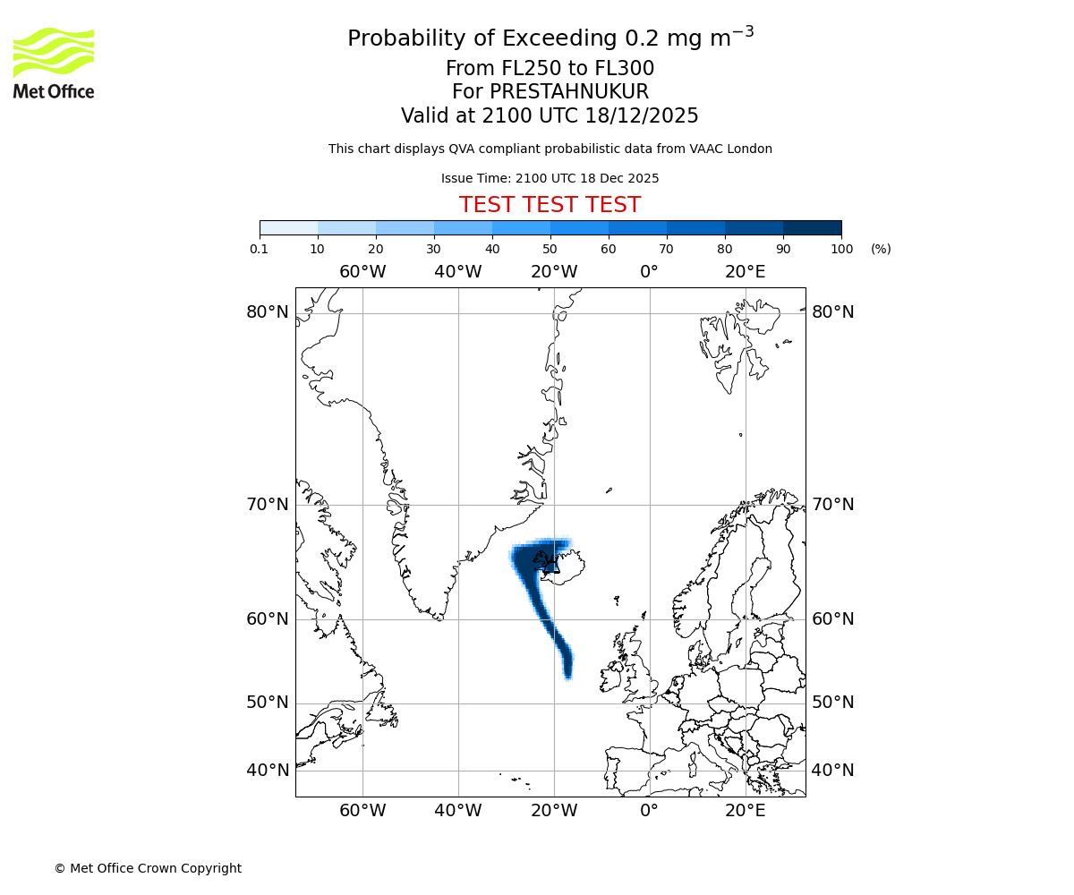 Probability of exceeding 0.2 milligrams per metre cubed. From 250 to 300 for PRESTAHNUKUR. Valid at 2100 UTC 18/12/2025