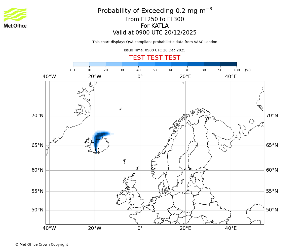Probability of exceeding 0.2 milligrams per metre cubed. From 250 to 300 for KATLA. Valid at 0900 UTC 20/12/2025