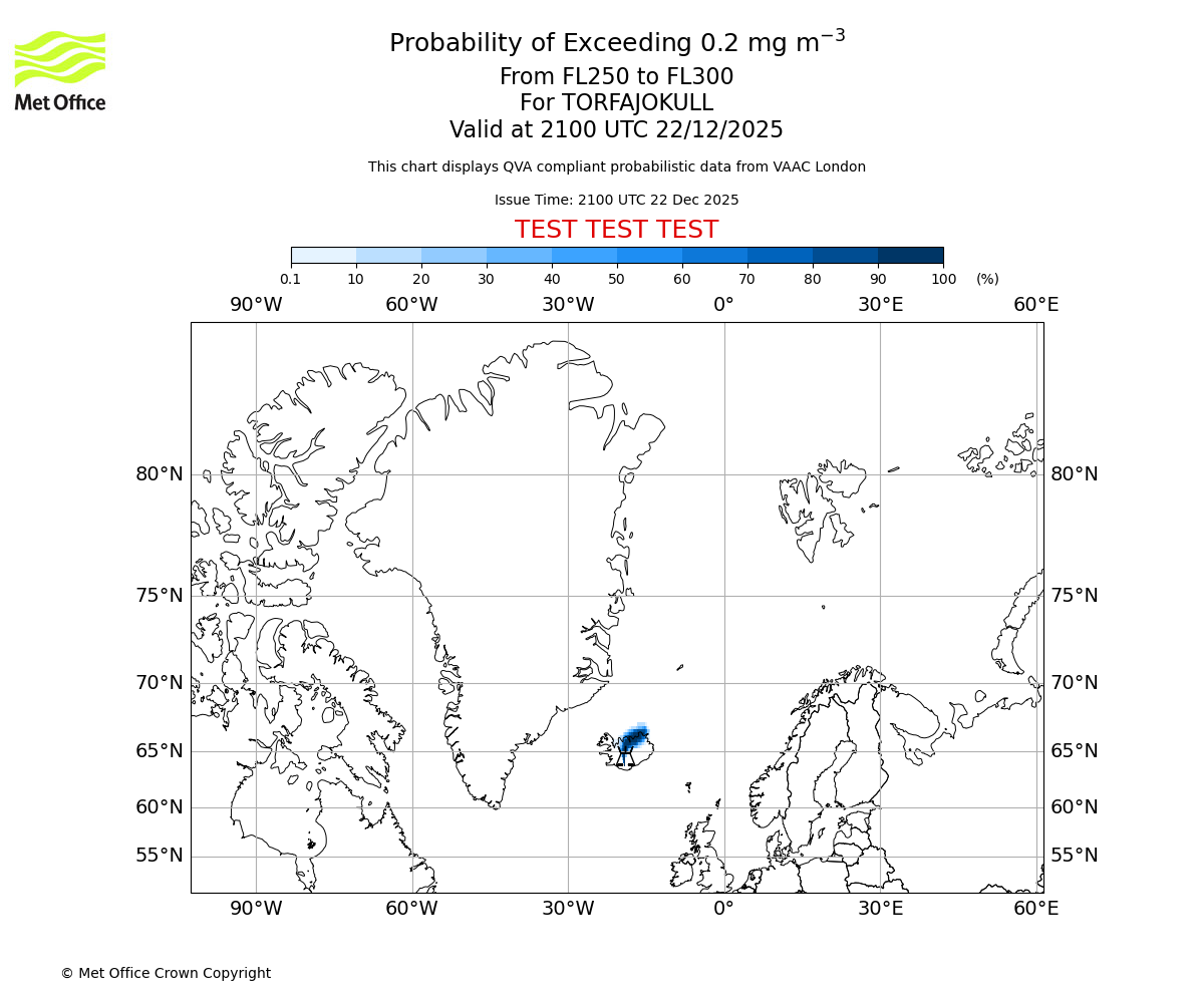Probability of exceeding 0.2 milligrams per metre cubed. From 250 to 300 for TORFAJOKULL. Valid at 2100 UTC 22/12/2025