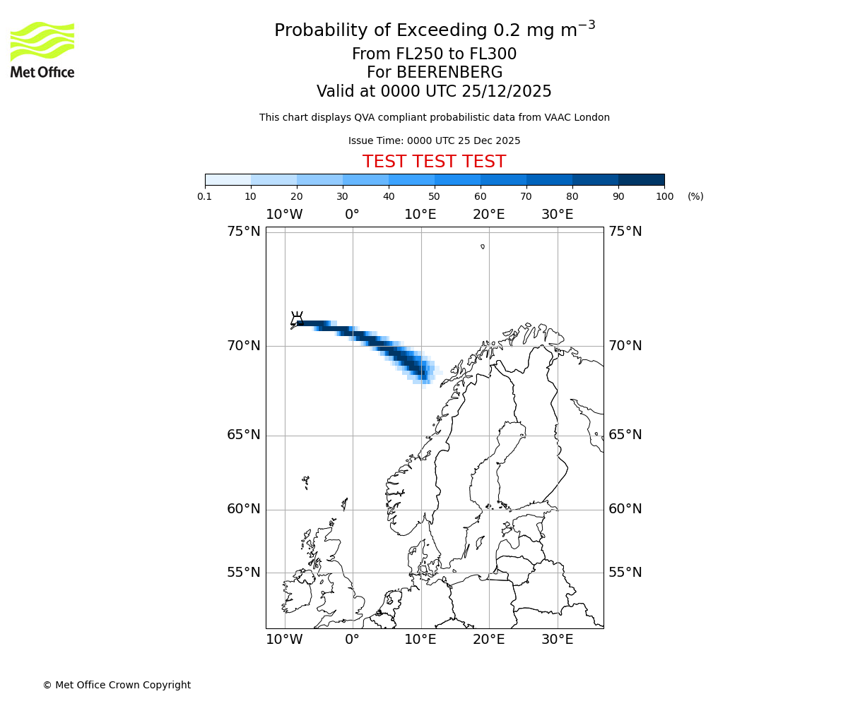 Probability of exceeding 0.2 milligrams per metre cubed. From 250 to 300 for BEERENBERG. Valid at 0000 UTC 25/12/2025