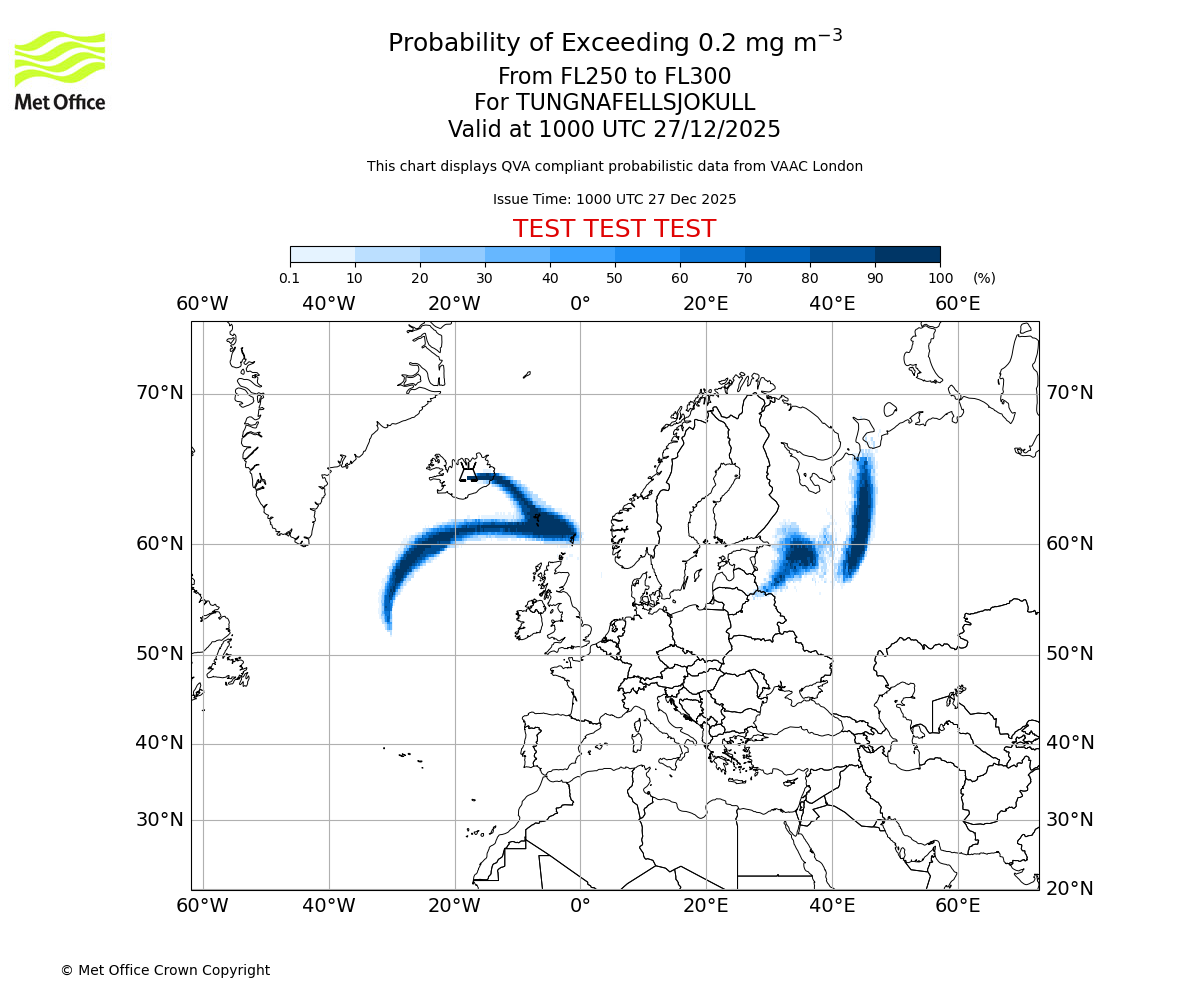 Probability of exceeding 0.2 milligrams per metre cubed. From 250 to 300 for TUNGNAFELLSJOKULL. Valid at 1000 UTC 27/12/2025