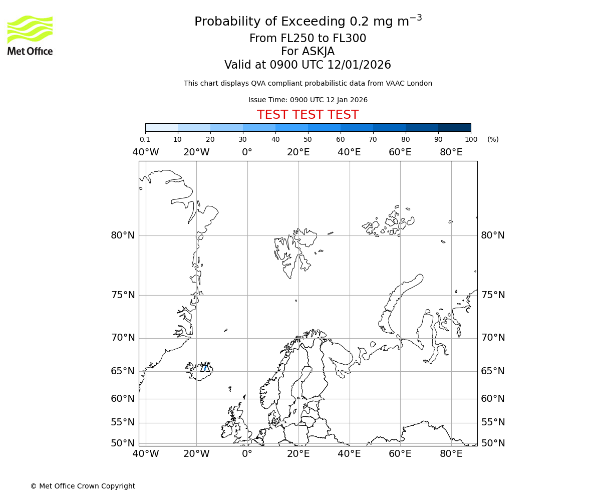 Probability of exceeding 0.2 milligrams per metre cubed. From 250 to 300 for ASKJA. Valid at 0900 UTC 12/01/2026