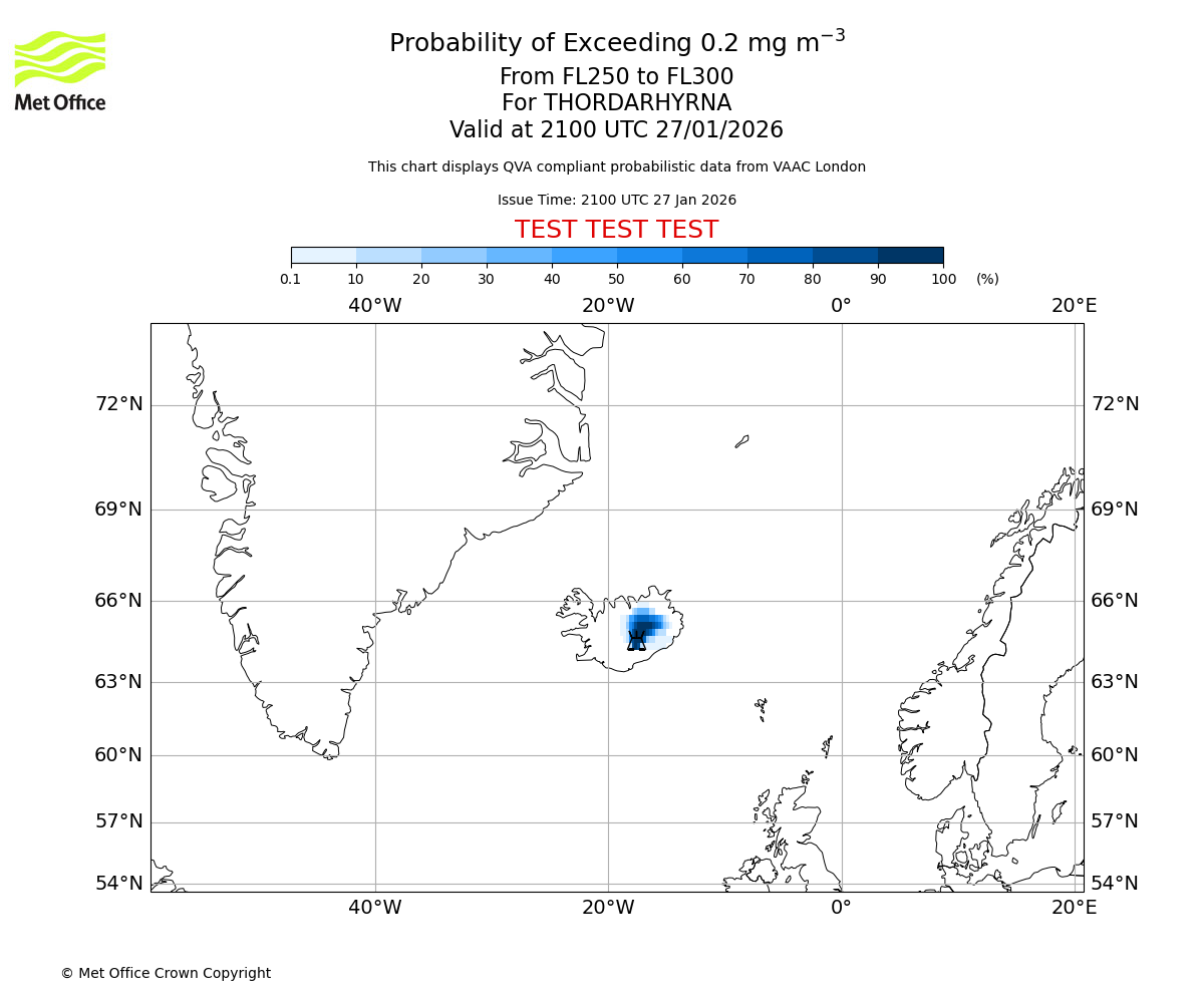 Probability of exceeding 0.2 milligrams per metre cubed. From 250 to 300 for THORDARHYRNA. Valid at 2100 UTC 27/01/2026