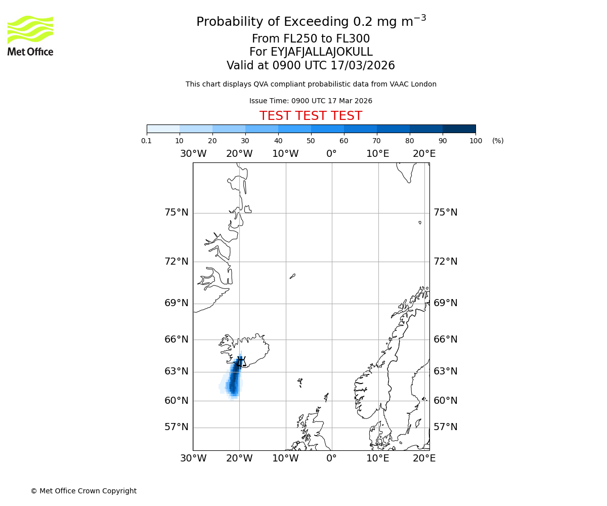 Probability of exceeding 0.2 milligrams per metre cubed. From 250 to 300 for EYJAFJALLAJOKULL. Valid at 0900 UTC 17/03/2026