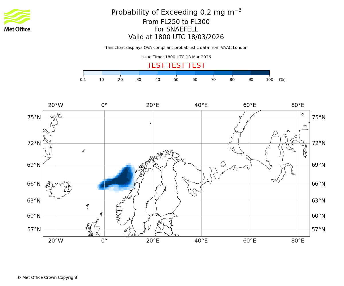 Probability of exceeding 0.2 milligrams per metre cubed. From 250 to 300 for SNAEFELL. Valid at 1800 UTC 18/03/2026