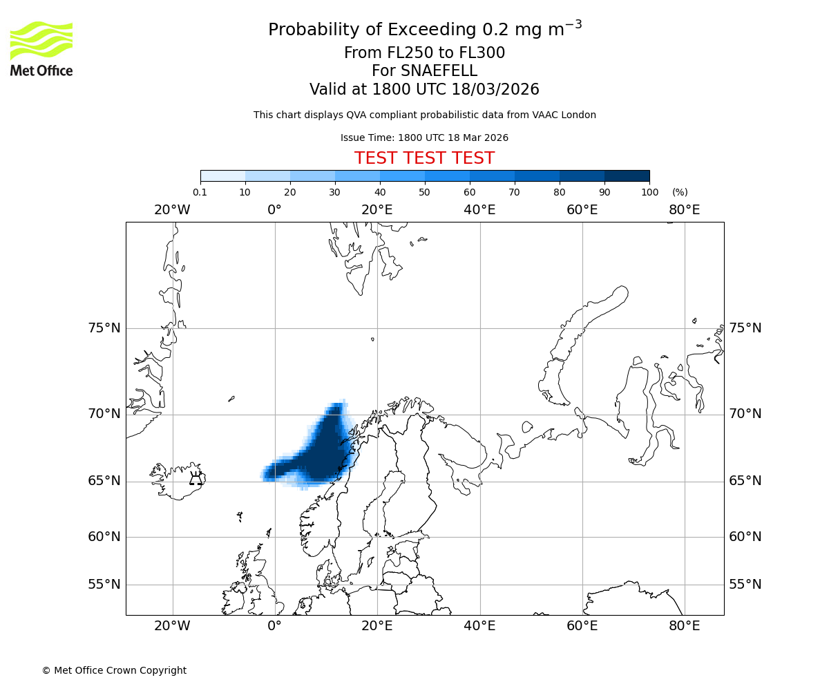 Probability of exceeding 0.2 milligrams per metre cubed. From 250 to 300 for SNAEFELL. Valid at 1800 UTC 18/03/2026
