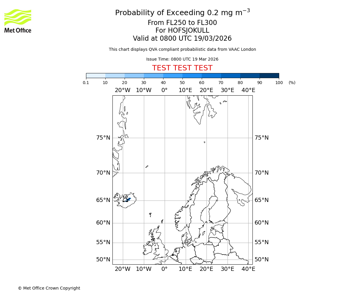 Probability of exceeding 0.2 milligrams per metre cubed. From 250 to 300 for HOFSJOKULL. Valid at 0800 UTC 19/03/2026