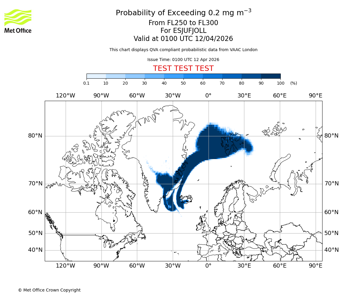 Probability of exceeding 0.2 milligrams per metre cubed. From 250 to 300 for ESJUFJOLL. Valid at 0100 UTC 12/04/2026